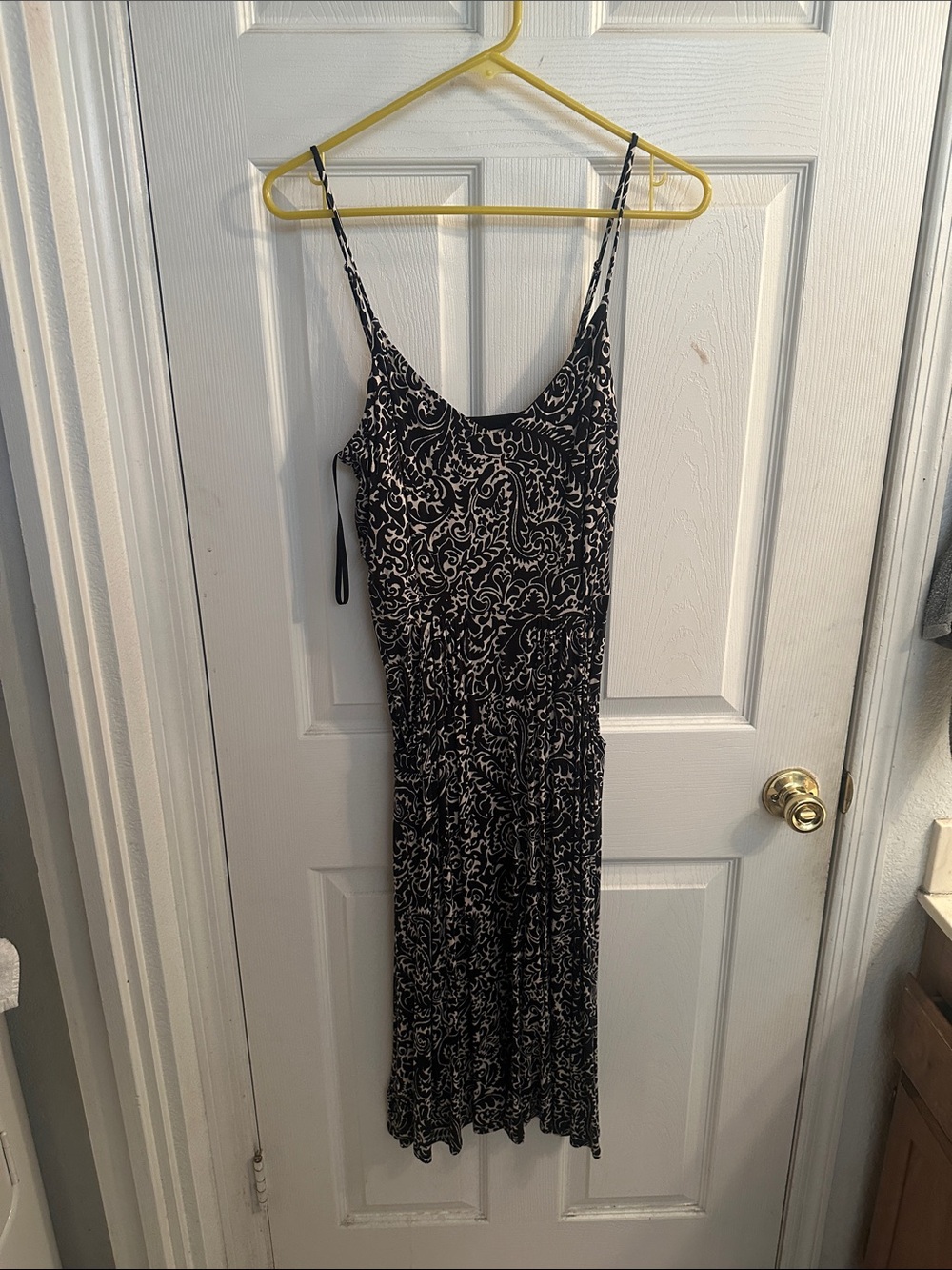 LOFT Black and White Printed Spaghetti-Strap Midi Dress